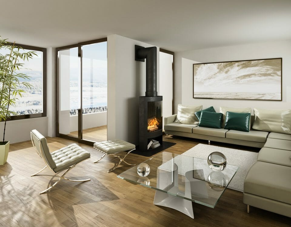 Salon avec parquet et poele à bois