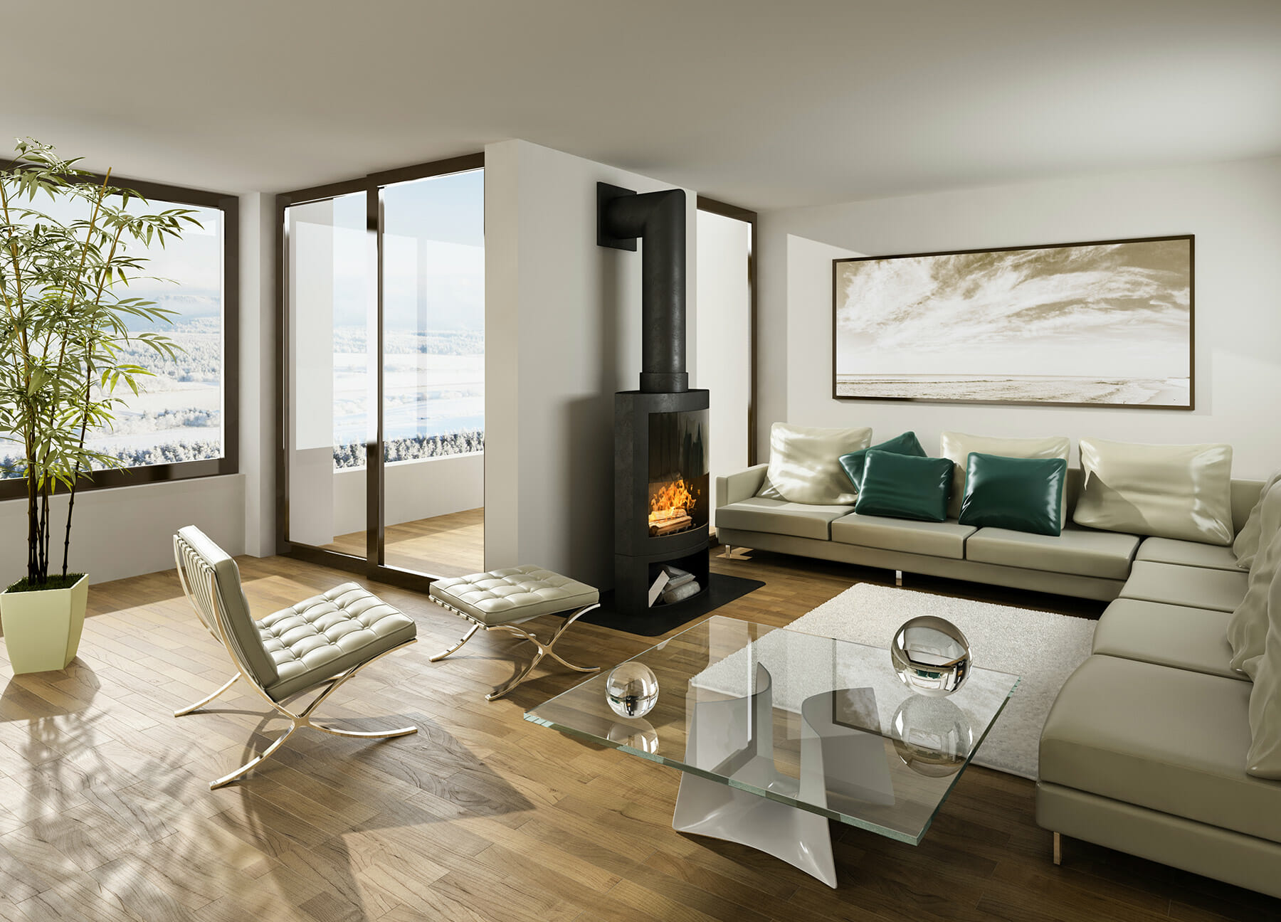 Salon avec parquet et poele à bois