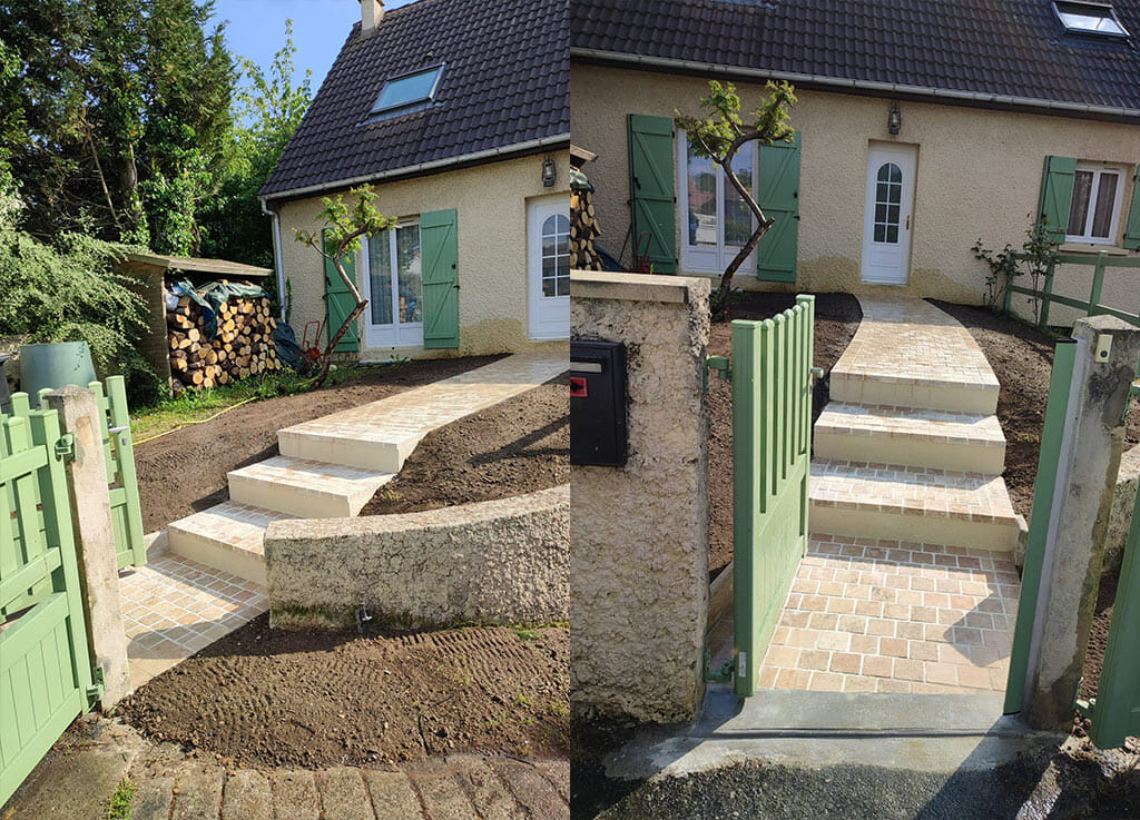 allée et escalier en travertin en Essonne