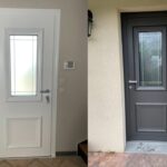 pose d'une porte aluminium OuvertureS grise extérieure et blanche en intérieur